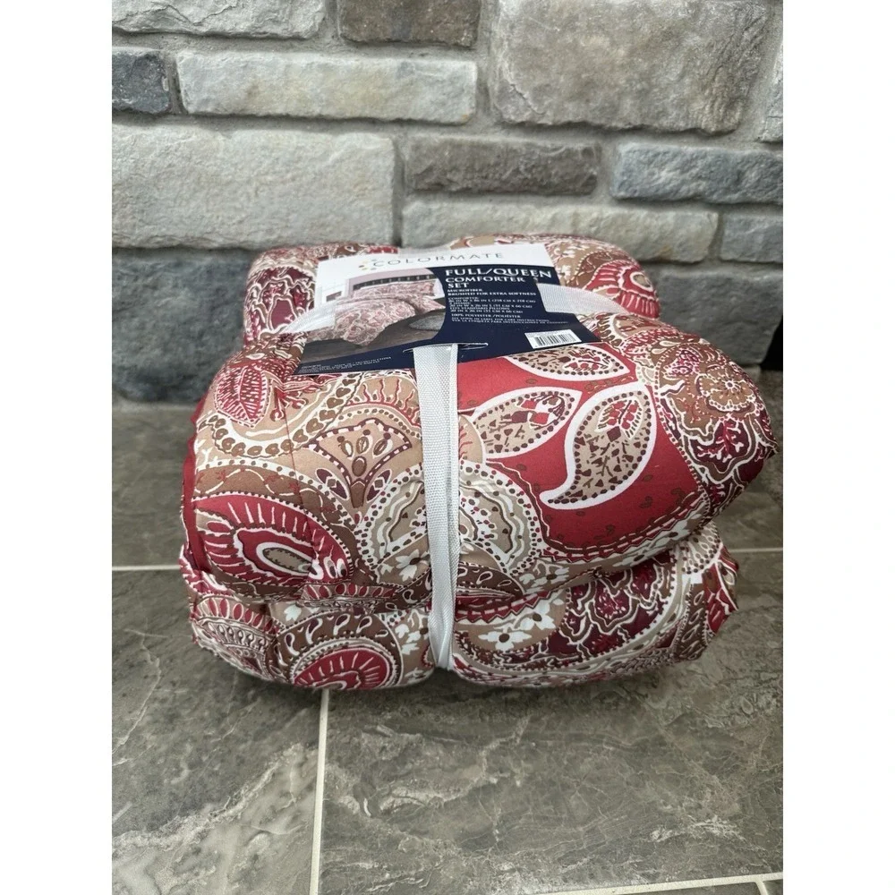 Colormate Full/Queen Comforter Set Paisley Red Tan Microfiber Sears New 3 Piece